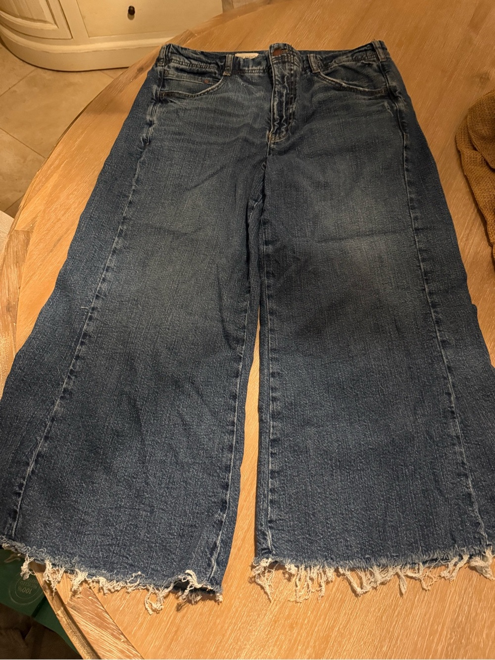 Pilcro Dark Blue Wide-Leg Frayed Hem Jeans